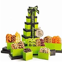 Nut Cravings Gourmet Collection - Easter Dried Fruit & Mixed Nuts Gift Basket Green Tower + Ribbon (12 Assortments) Arrangement Platter, Birthday Care Package - Healthy Kosher