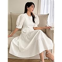 Dresses for Women Puff Sleeve Flare Hem Dress (Color : White, Size : Large)
