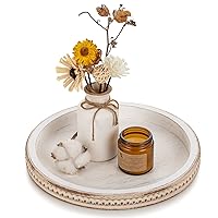 Hanobe Decorative Serving Tray Wood: White Washed Bead Round Tray Decor for Coffee Table Rustic Wooden Trays Farmhouse Centerpiece for Living Room Kitchen Counter
