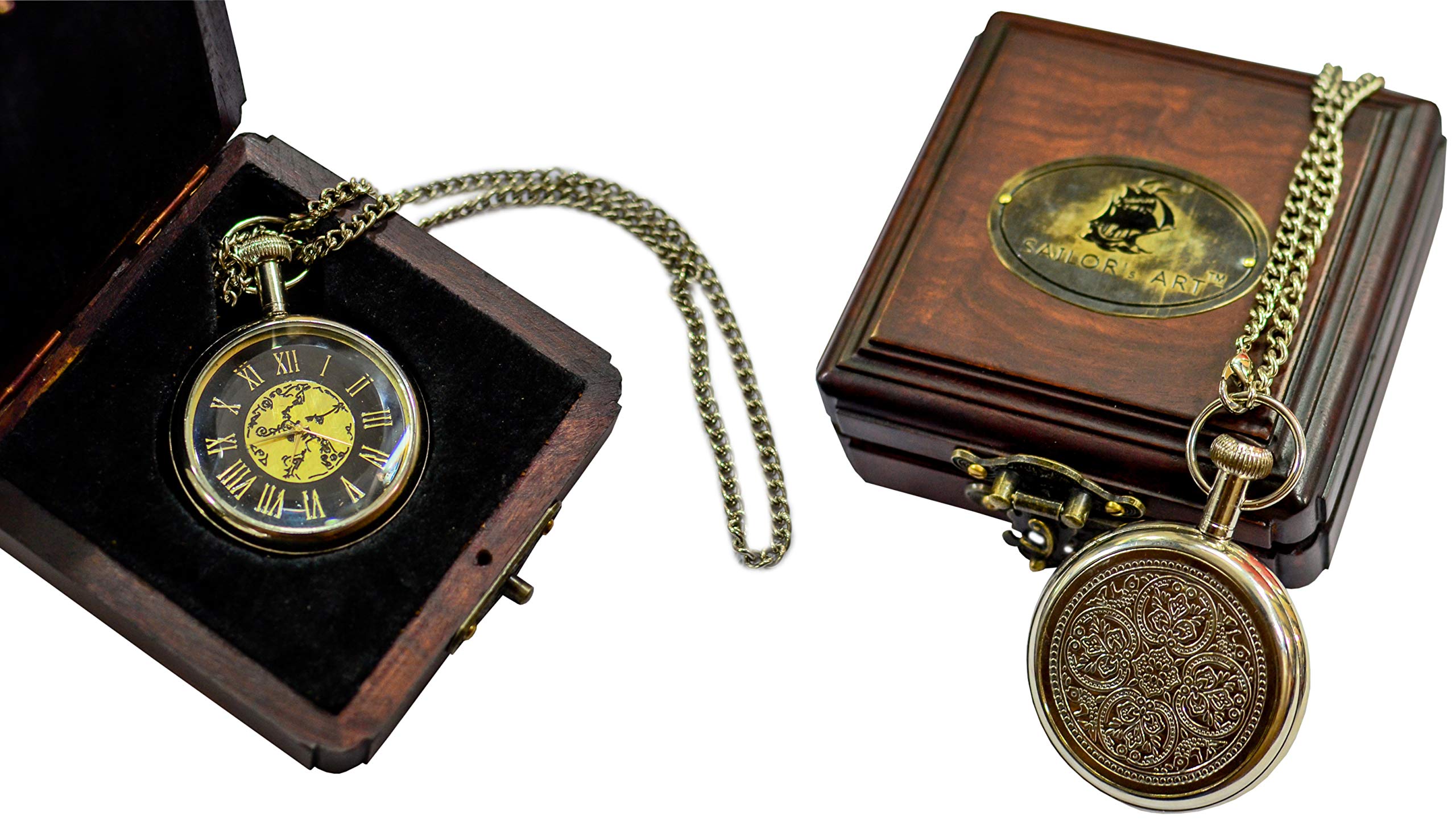 Sailor's Art Antique Brass Ship Pocket Watch with Wooden Box Unique Gift