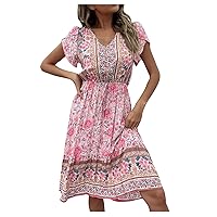 Women Boho Floral Button V-Neck A-Line Dress Petal Short Sleeve Lace-Up Waist-Defined Summer Trendy Ruffle Hem Dress