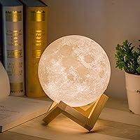 Mydethun 3D Moon Lamp with 5.9 Inch Wooden Base - Gifts for Women, LED Night Light, Mood Lighting with Touch Control Brightness for Home Décor, Bedroom, Kids Birthday Moon Light Gift - White & Yellow