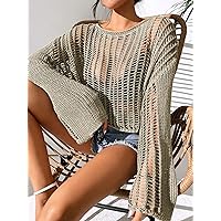 Open Knit Bell Sleeve Sheer Sweater Without Bra (Size : Medium)