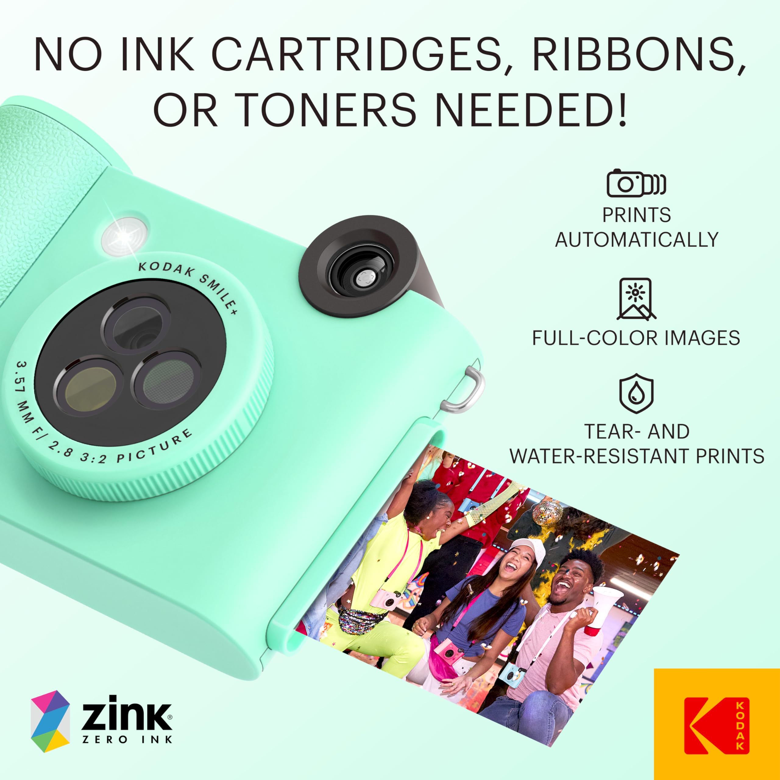 KODAK Smile+ Wireless Digital Instant Print Camera with Effect-Changing Lens, 2x3” Sticky-Backed Photo Prints, and Zink Printing Technology, Compatible with iOS and Android Devices - Green