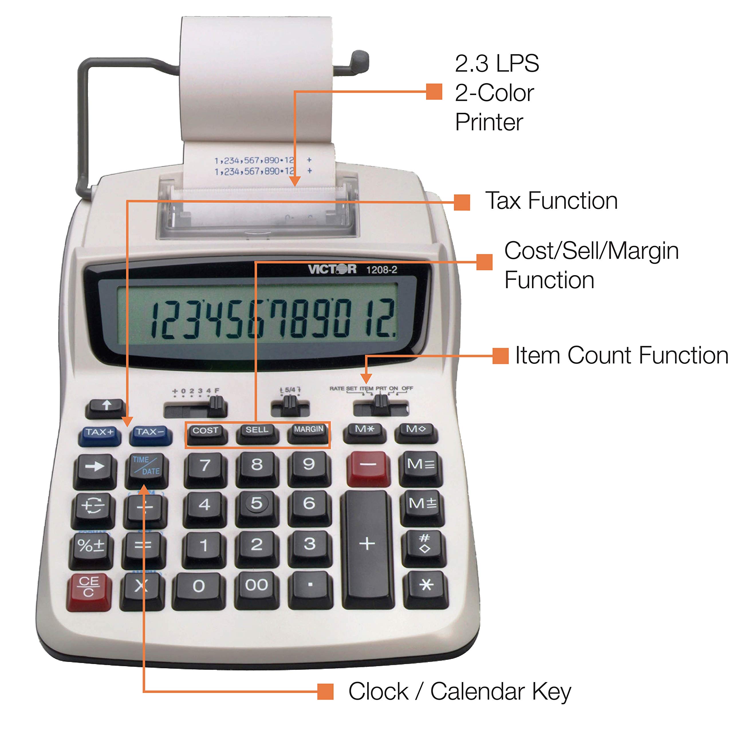 Victor Printing Calculator, 1208-2 Compact and Reliable Adding Machine with 12 Digit LCD Display, Battery or AC Powered, Includes Adapter,White