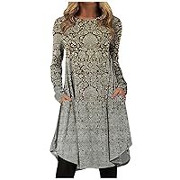 Women's Dresses That Hide Belly Fat Fashion Casual Printed Round Neck Pullover Loose Long Sleeve Dress, S-3XL