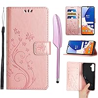 Galaxy S24 Plus Flip Case with Card Holder Stylus Pen, Women Floral Embossing Leather Folio Cover Folding Phone Wallet Case Compatible with Samsung Galaxy S24 Plus 6.7