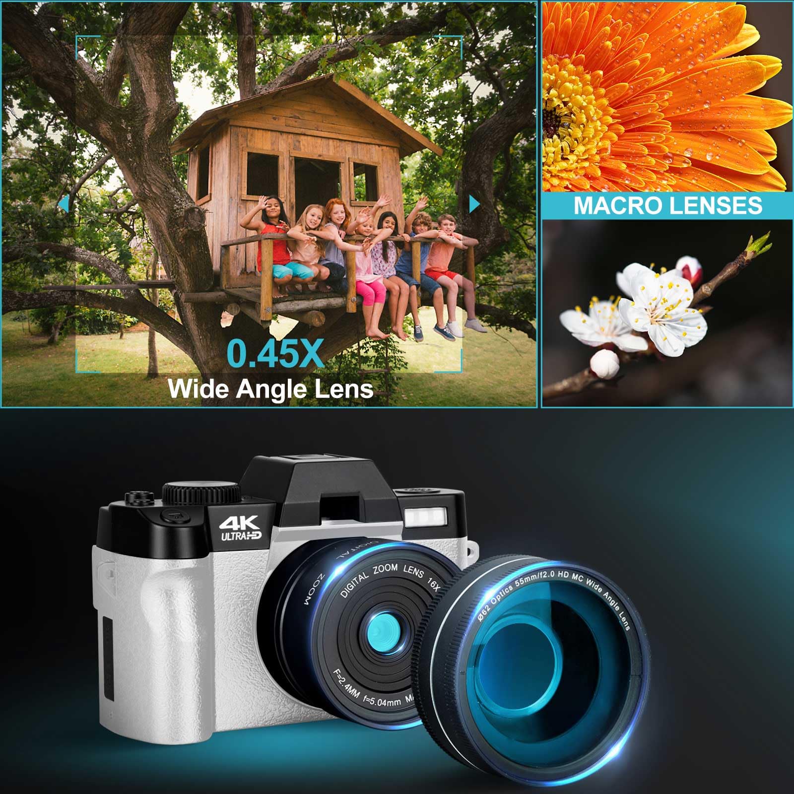 G-Anica 4K Digital Cameras for Photography, 48MP Vlogging Camera for YouTube with WiFi, 180° Flip Screen Compact Camera with Flash, 16X Digital Zoom Travel Camera with Wide-Angle &Macro Lens（White）