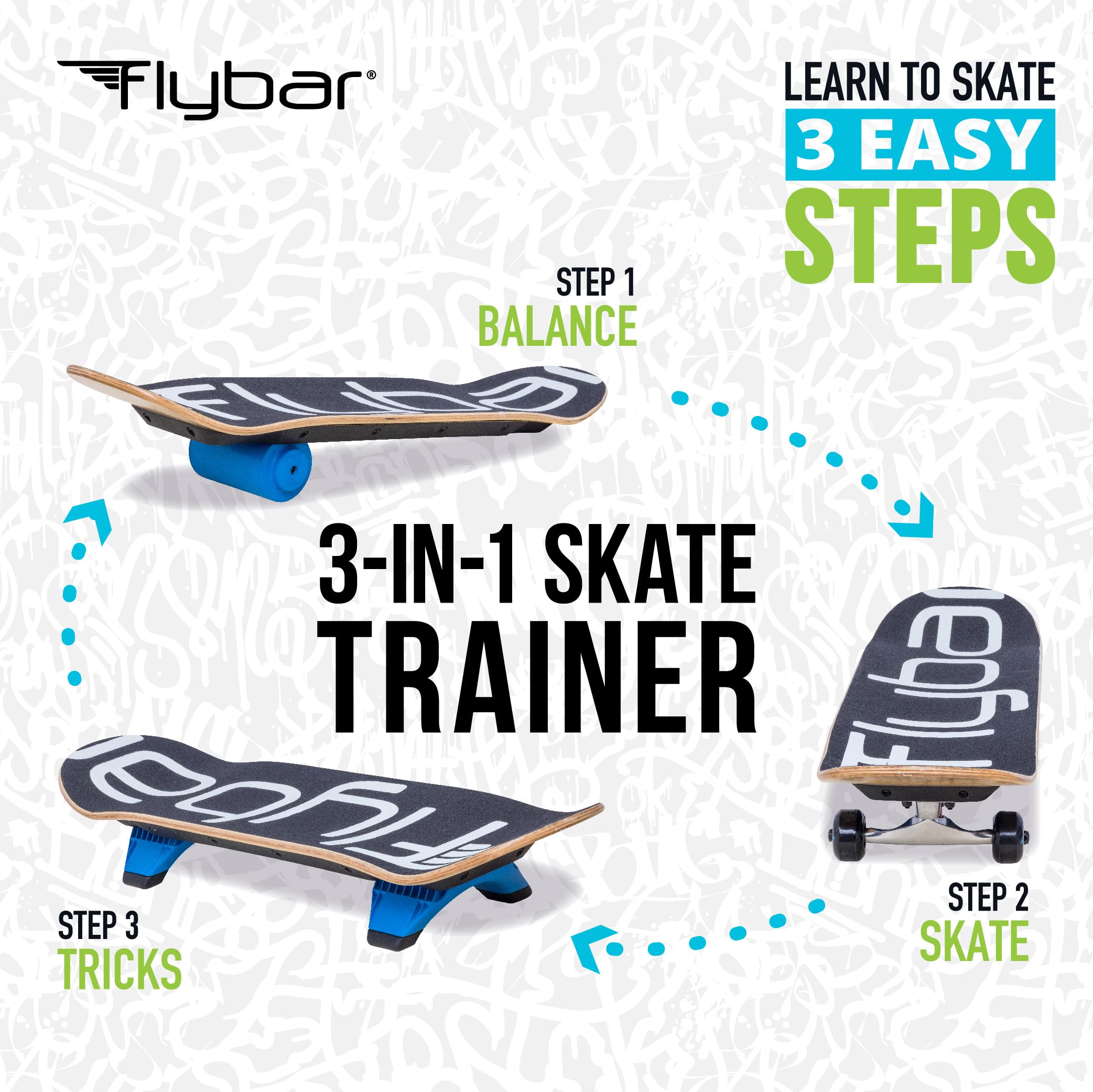 Flybar 3 in-1 Learn to Skate – Complete Skateboard for Beginners, Balance Board, Skateboard Accessories, Learn Skate Tricks Fast and Easy, Ollies, Backflips, Durable, Boys, Girls, Ages 6+, 100 lbs