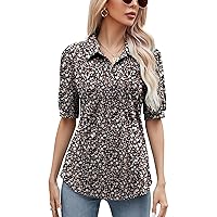 Micoson Womens Blouses Dressy Casual Short Sleeve Button Down Collared Polo Shirt Loose Tunic 2023 Summer Tops