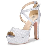 IDIFU Women's Platform Chunky High Heels Dress Sandals Peep Toe Ankle Strap Wedding Party Evening Shoes for Women Bride