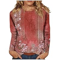 Shirt Women Pink Long Sleeve Athletic Tops for Women Womens Tops 3/4 Sleeve Shirts Round Neck Loose Casual Blouses Floral Print Tshirts 01-Red Large2
