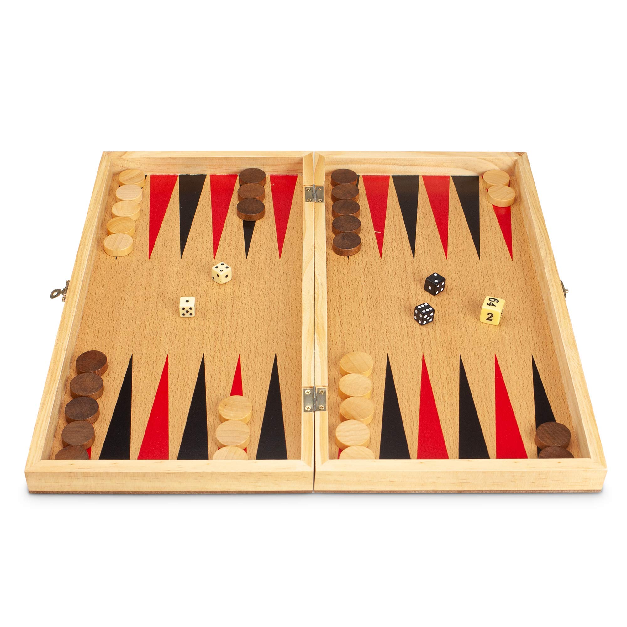 STERLING Games 3 in 1 Chess Checkers Backgammon Game Set with 15in Wooden Folding Board for Storage