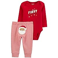 Winter Holiday 2-Piece Christmas My First Visit from Santa Bodysuit and Striped Pants with Embroidered Reindeer Set