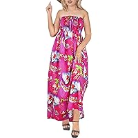 LA LEELA Women's Summer A line Slit Smocked Maxi Dress Ruched Tube Top Evening Strapless Christmas Dresses for Women