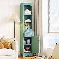 Merax Tall Slim Storgae Cabinet Linen Tower with Drawer and Door, Freestanding Cupboard for Home, Kitchen or Living Room, Adjustable Shelf, Green