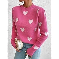 Women's Sweater Heart Pattern Sweater Sweater for Women (Color : Hot Pink, Size : Small)