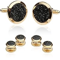 Mens Black and Gold Cufflinks and Studs - Sparkly Gold and Black Diamond Dust Cufflinks and Studs Cuff Links with Jewelry Presentation Box - 7/8