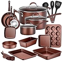 NutriChef 20 Piece Professional Home Kitchen Cookware and Bakeware, Pots and Pans Set Non Stick Kitchenware, Cool-Touch Handles, Safe for Gas, Electric, Induction Cooktops, Easy Clean, Brown