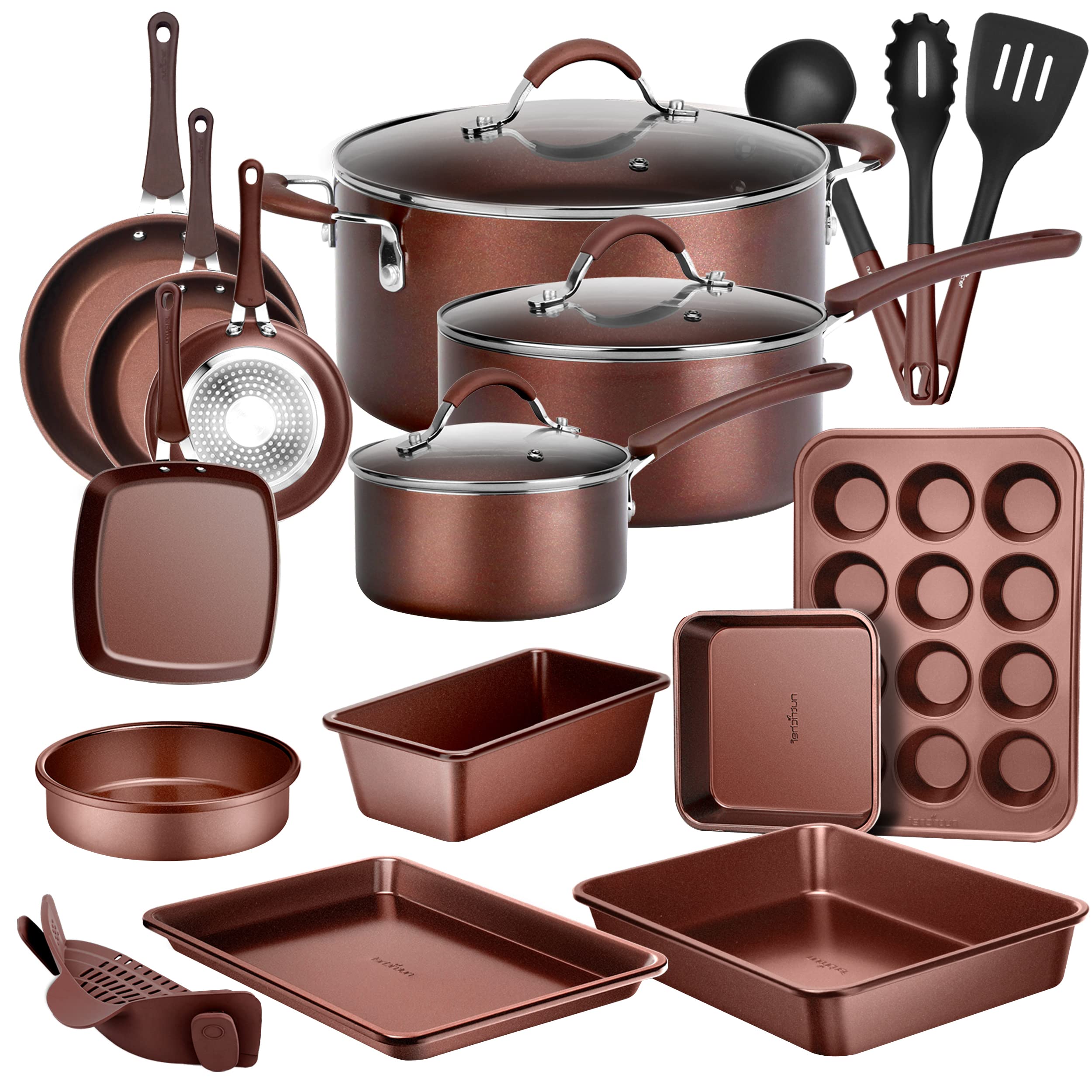 NutriChef 20-Pc. Nonstick Kitchen PTFE/PFOA/PFOS-Free Heat Resistant Silicone Handles Cookware Bakeware Set w/Saucepan, Frying Pans, Cooking, Oven Pot, Lids, Utensil, Brown-NCCW20SBR, Brown