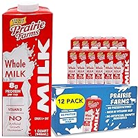 Prairie Farms Whole Milk - Shelf Stable, Boxed UHT Ultra Pasteurized Milk, Vitamin D White Milk - Preservative and Hormone Free - 1 Quart (12 Pack)
