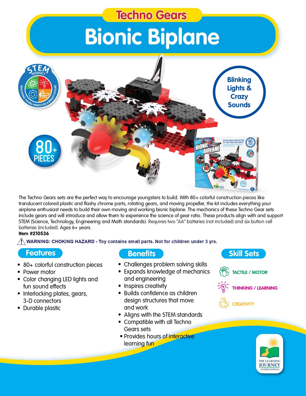 The Learning Journey - Techno Gears - Bionic Biplane - 80+ Pieces - Toy Interlocking Gear Sets for Boys & Girls Ages 6 - 12 Years - Award Winning Toys, (210536)