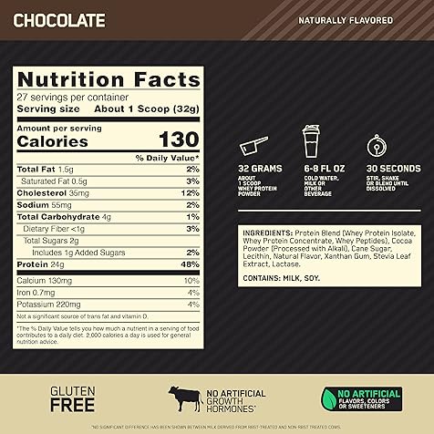 Optimum Nutrition Gold Standard 100% Whey Protein Powder, Naturally Flavored Chocolate, 1.9 Pound (Packaging May Vary)