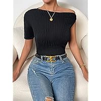 Women's Tops Sexy Tops for Women Women's Shirts Asymmetrical Neck Ribbed Knit Top (Color : Black, Size : Large)