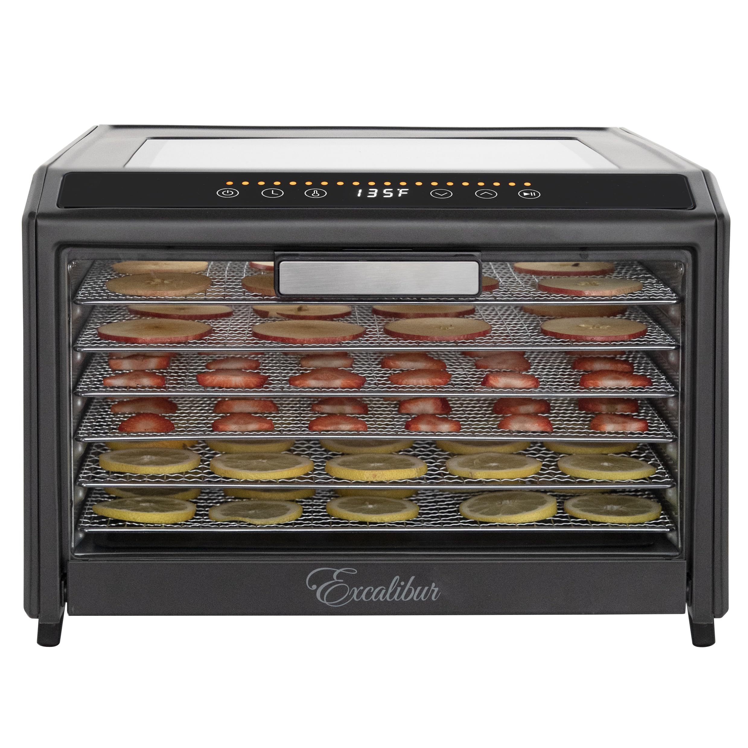 Excalibur Electric Food Dehydrator Performance Series 6-Tray with Adjustable Temperature Control Includes Stainless Steel Drying Trays Glass Door Top View Window and LED Display Progress Bar, Black