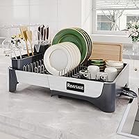 RBAYSALE Large Expandable Stainless Steel Dish Rack With Aluminum Pull Plate, Wine Glass Holder and Utensil Holder