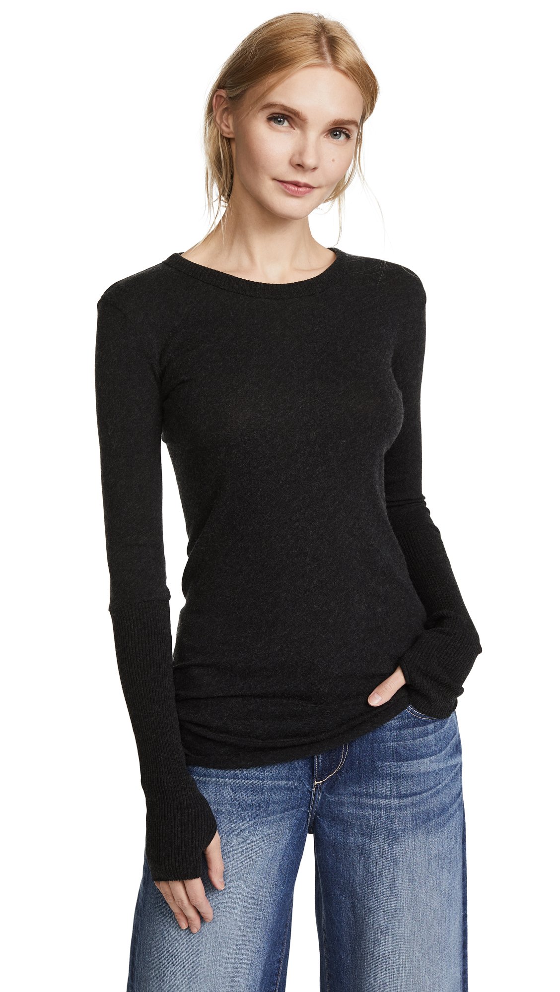 Enza Costa Women’s Cashmere Blend Cuffed Crew Top with Thumbholes