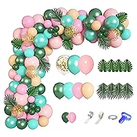 140Pcs Jungle Safari Theme Birthday Party Supplies, Tropical Balloon Garland Arch Kit Decorations Pink and Green Balloons Tropical Leaves Kids Girl Hawaii Wild One Baby Shower Birthday Party Supplies