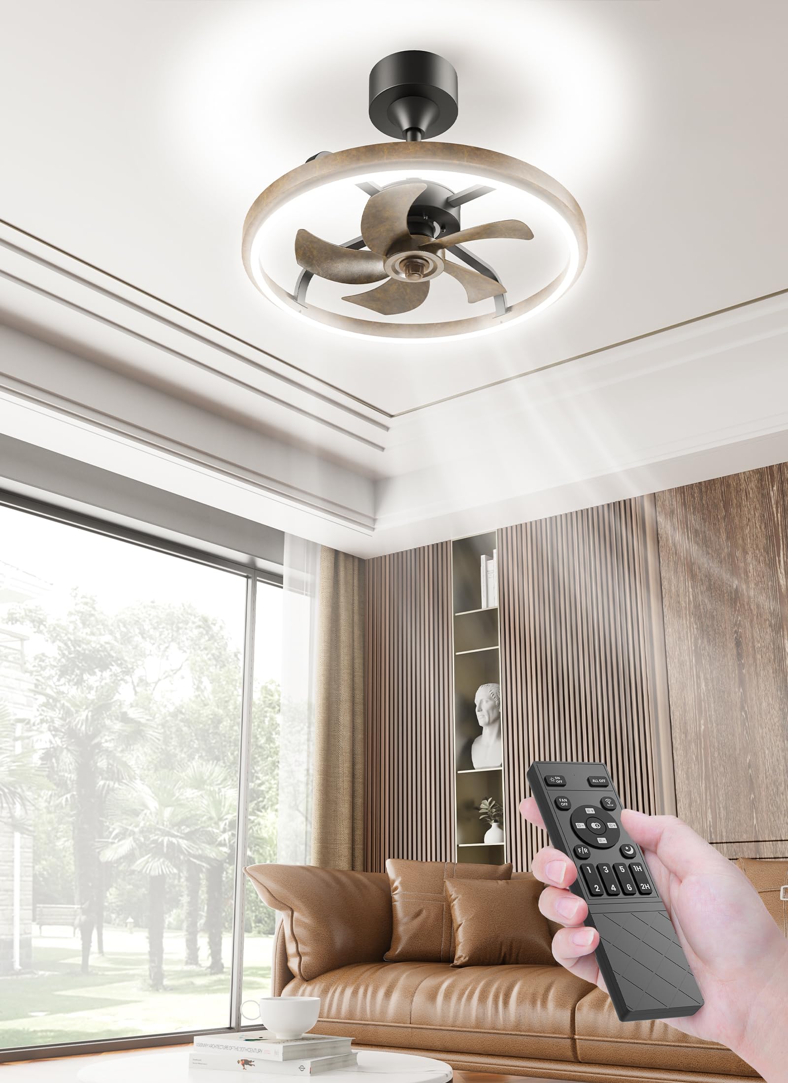 20.5” Ceiling Fan Lights with Remote, Retro Semi-Flush Mount Low Profile Ceiling Fan, 3 Light Color Changes, and 6 Speeds for Bedroom, Living Room, Study, Kitchen