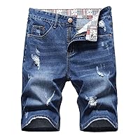 Men's Ripped Jean Shorts Classic Vintage Distressed Denim Shorts Summer Elastic Waist Athletic Pants with Pockets
