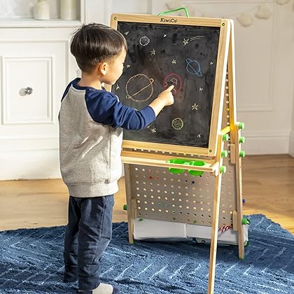 KiwiCo 4-in-1 Marble Run + Art Easel for Kids Ages 3+ | Wooden Engineering Gameboard Set with 35 Track Pieces & Marbles | Reversible Whiteboard & Chalkboard Panel with Paint Cups & Art Tray