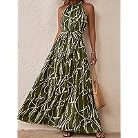 Dress for Women Allover Print Belted Halter Dress for Women, Boho Casual Sleeveless Maxi Dress Dress for Women