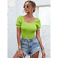 Women's Tops Shirts Sexy Tops for Women Knit Mix Puff Sleeve Square Neck Knit Top Shirts for Women (Color : Lime Green, Size : Small)