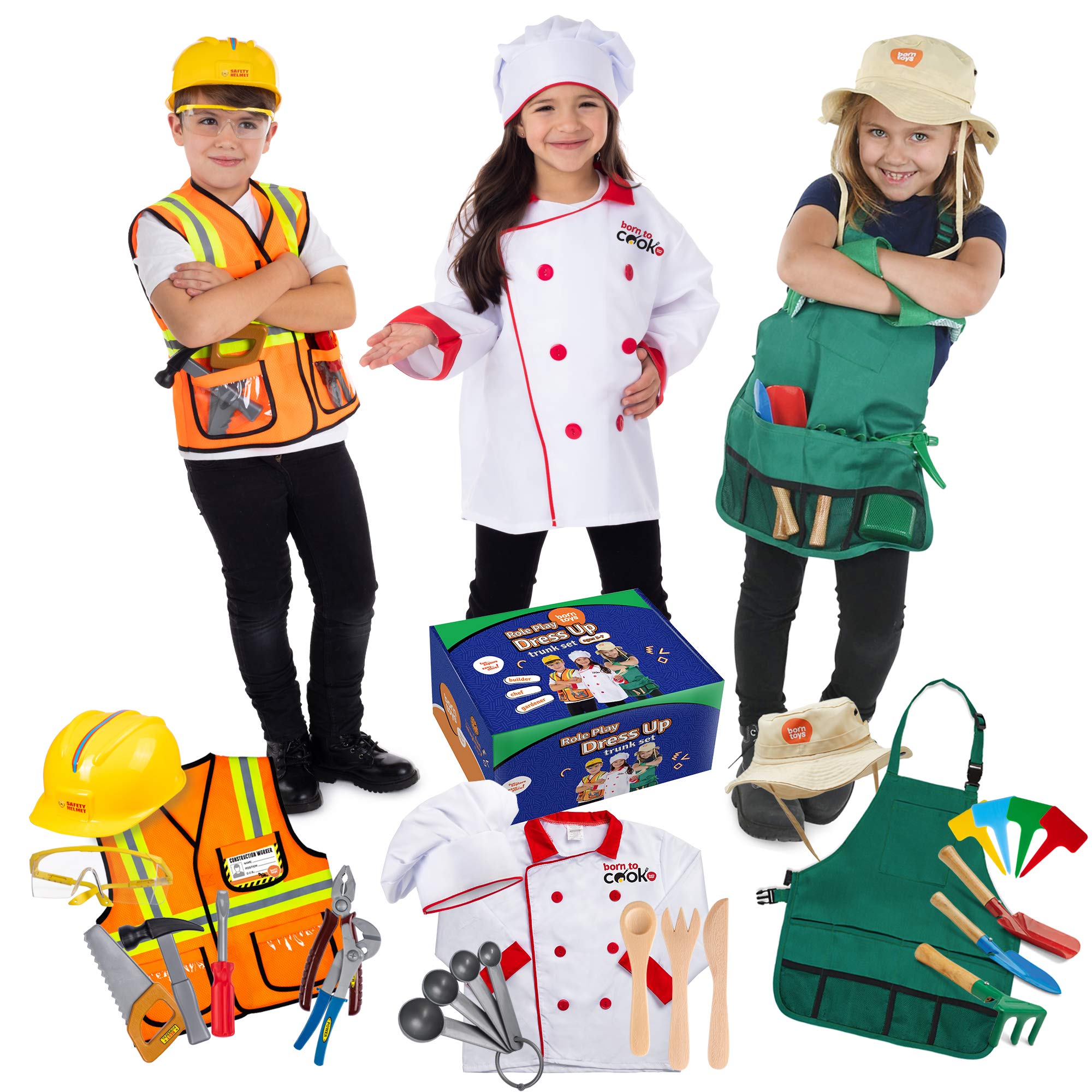 Born Toys Doctor Costume & Accessories Set and a Bundle of Construction Worker, Chef, Gardening Set for Boys and Girls Dress Up & Pretend Play Ages 3-7
