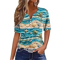 Henley Shirt for Women 3D Print V Neck Short Sleeve Button Tee Tops Casual Summer Holiday Loose Top