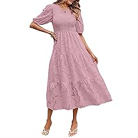 MEROKEETY Women's 2024 Summer Puff Sleeve Smocked Floral Dress Crewneck Lace Flowy Tiered Midi Dresses