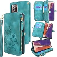 Lacass [Cards Theft Scan Protection 10 Card Slots Holder Zipper Pocket Wallet Case Flip Leather Cover with Wrist Strap Stand for Samsung Galaxy Note 20 Ultra 5G(Floral Blue Green)
