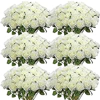 50 Pcs Artificial Rose Flower Realistic Silk Roses with Stem Bouquet of Flowers Plastic Flowers Real Looking Fake Roses for Home Wedding Centerpieces Party Decorations (White)