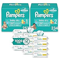 Pampers Baby Dry Disposable Baby Diapers Starter Kit (2 Month Supply), Sizes 1 (252 Count) & 2 (234 Count), with Sensitive Water Based Baby Wipes 12X Multi Pack Pop-Top and Refill (1008 Count)