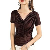 Women's Modal Tops Summer Fashion Sexy V Neck Short Sleeve Pleated Patchwork Soft Blouses Elegant Formal Work Shirts