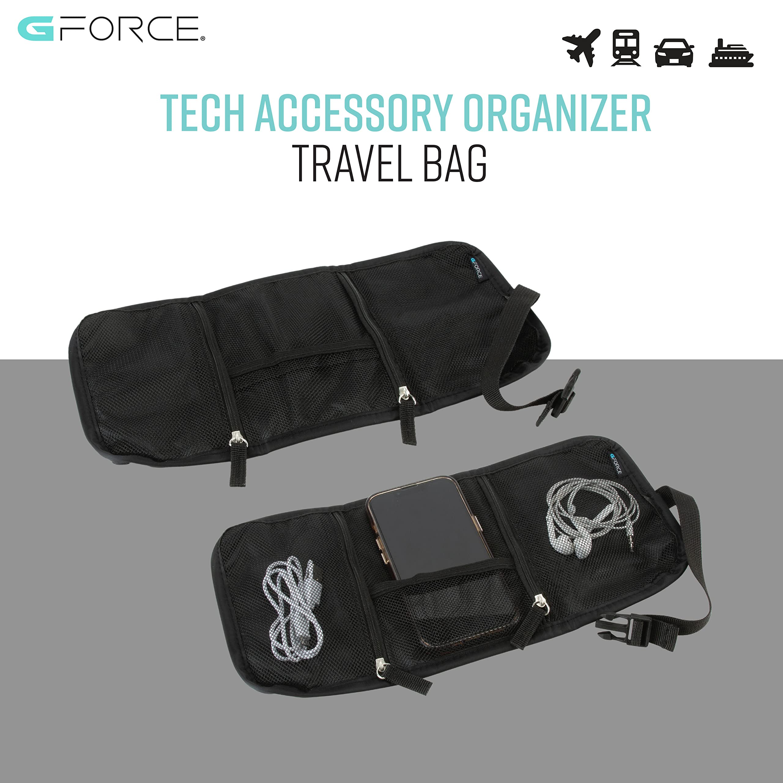 GForce Tech Cable Accessory Organizer | Travel Sized Bag | Electronics Chargers and Cords | Mesh Pockets | Portable | Black