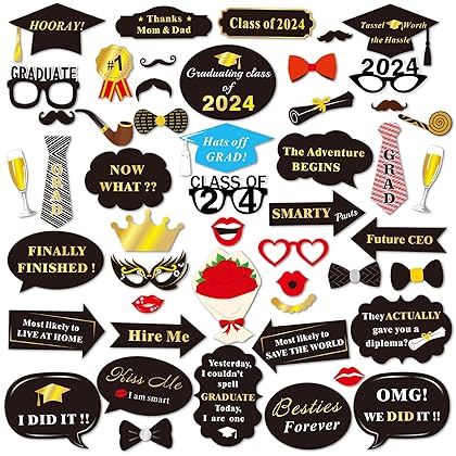 Graduation Photo Booth Props (50Count), Konsait Large Graduation Photo Props Class of 2024 Grad Decor with Sticks for Kids Boy Girl, Black and Gold, for Graduation Party Favors Supplies Decorations