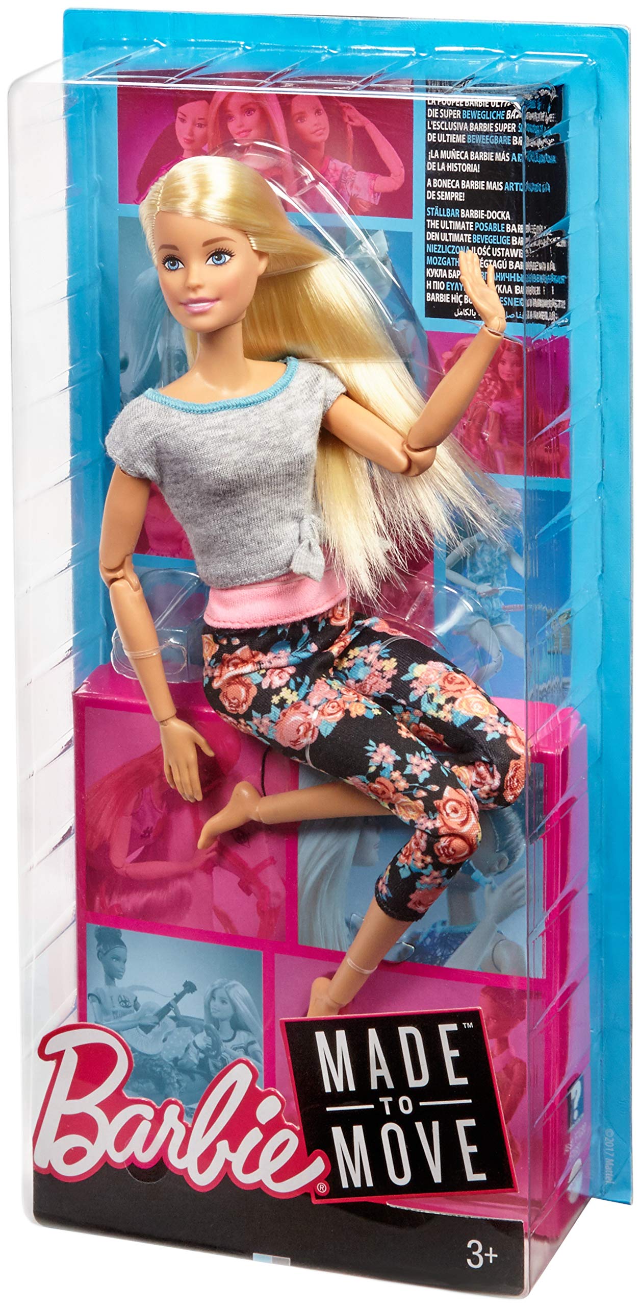 Barbie Made to Move Dolls with 22 Joints and Yoga Clothes, Floral, Grey