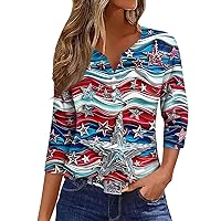 4Th of July Tops for Women 3/4 Length Sleeve Top Patriotic Printed Graphic Tees Sexy V Neck Shirts Button Down Blouses