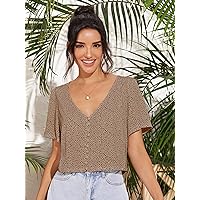 Women's Tops Women's Shirts Sexy Tops for Women Speckled Print Button-Loop Top (Color : Mocha Brown, Size : Medium)