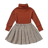 iiniim Toddler Baby Girls Casual Outfits Solid Turtleneck Sweater Tops & Pleated Mini Skirt Clothes Set